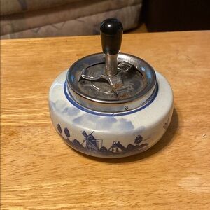 Blue and White Ceramic Ashtray with Windmill Design